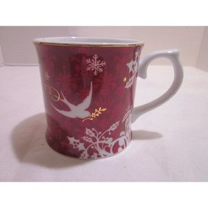 STARBUCKS Christmas Holiday Coffee Mug Cup Red Gold Birds by Rosanna 2010 12 OZ